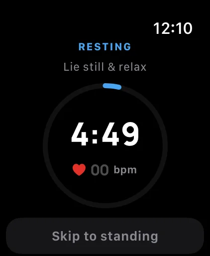 Resting phase of the stand test counting down with a live heart rate reading.
