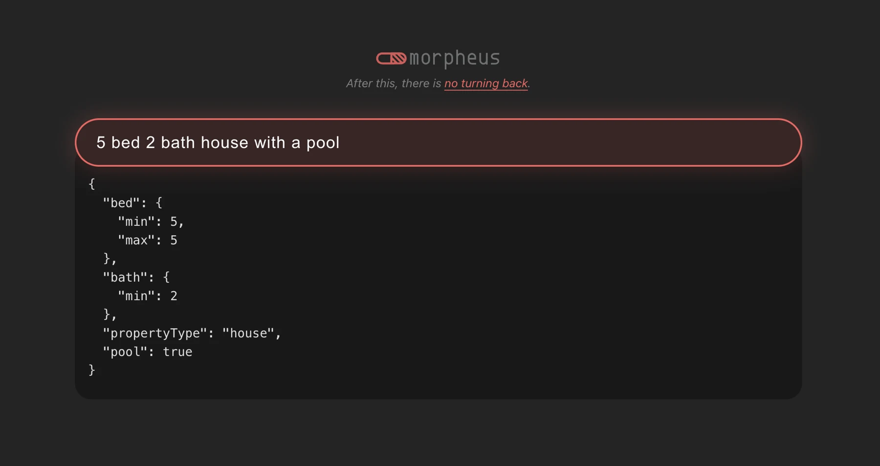 Early Morpheus concept screenshot showing a natural language search bar parsing a free text query into structured Realtor.com filters