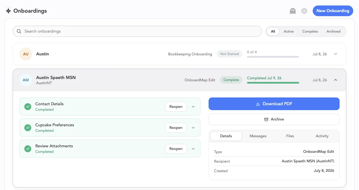 OnboardMap owner dashboard listing onboardings with status, progress and dates, one expanded to show completed steps, a downloadable PDF and tabs for details, messages, files and activity.